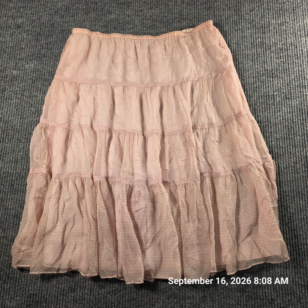 Intuitions Pink Silk Tiered Ruffle Midi Skirt Womens Large Chevron Print Lined